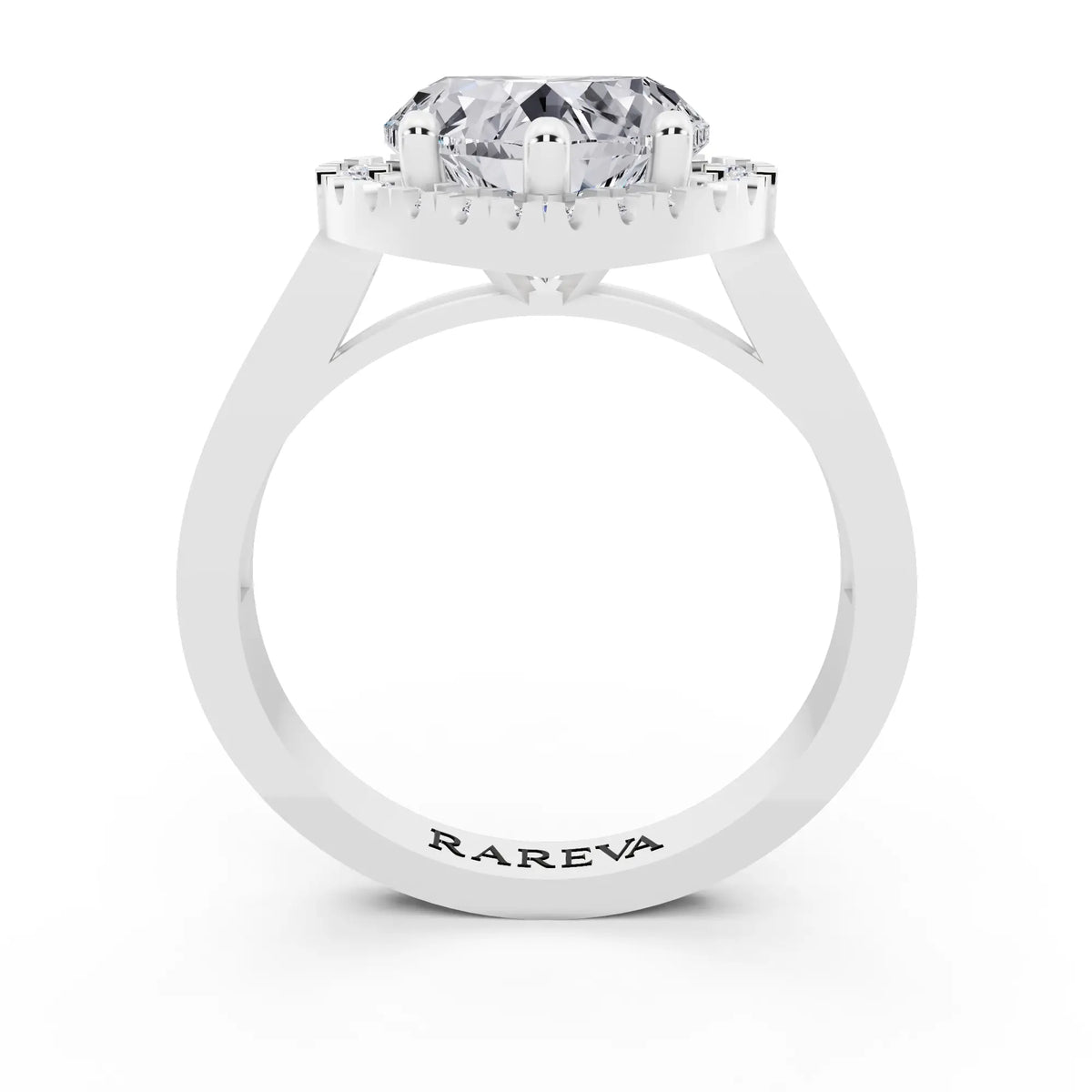 Platinum Heart Cut Diamond Halo Ring with Bezel Accent Band - through finger