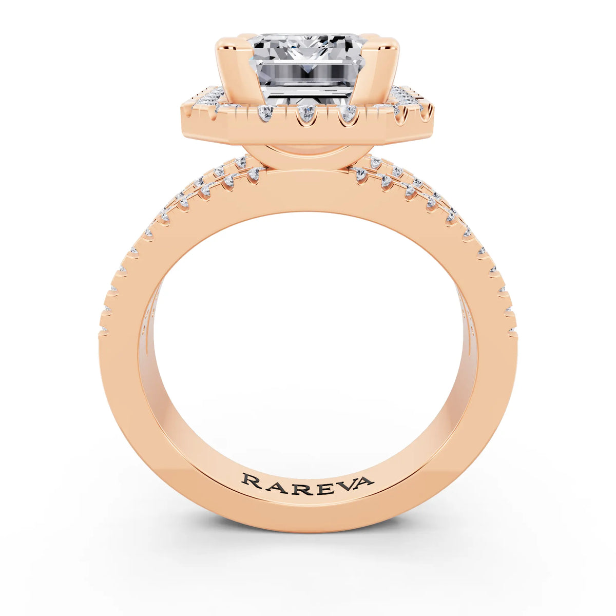 14 KT Rose Gold Emerald Cut Diamond Halo Ring with Pave Split Shank - through finger