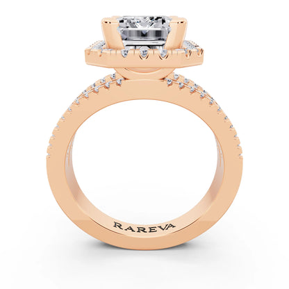 14 KT Rose Gold Emerald Cut Diamond Halo Ring with Pave Split Shank - through finger