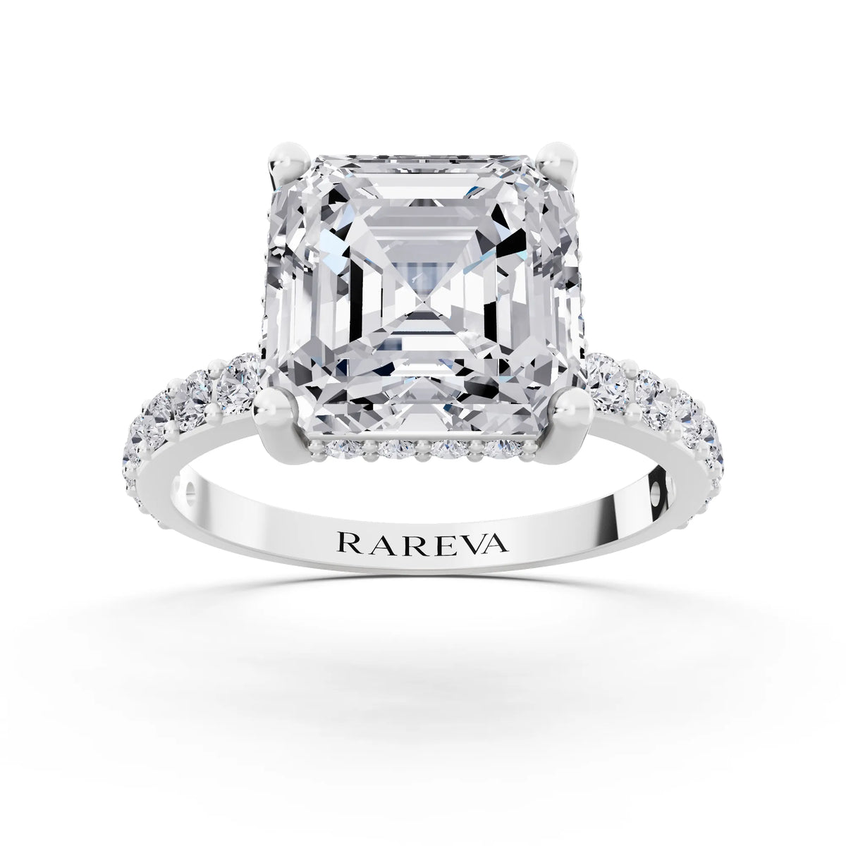 18 KT White Gold Asscher Cut Diamond Solitaire Ring with Hidden Halo and Pave Band - front view