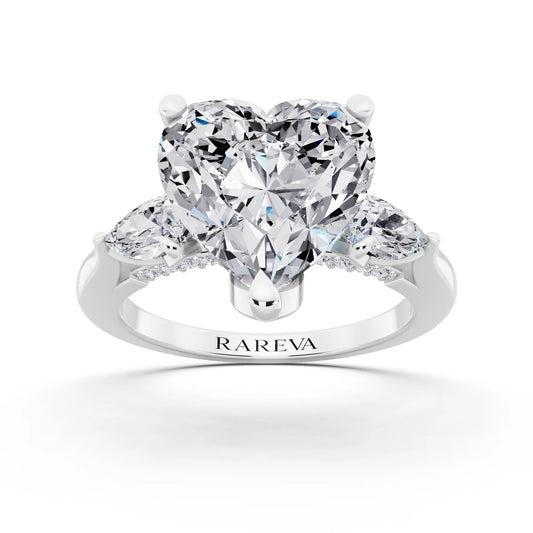 Platinum Heart Cut Diamond Cluster Engagement Ring with Pear Accents and Pavé Band - front view
