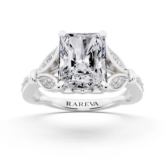 Platinum Radiant Cut Diamond Ring with Lotus Collar - front view