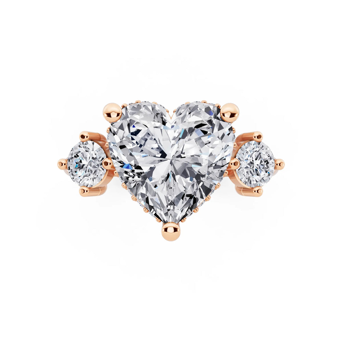 14 KT Rose Gold Heart Cut Diamond Three Stone Engagement Ring with Hidden Halo - top angle