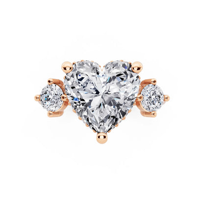 14 KT Rose Gold Heart Cut Diamond Three Stone Engagement Ring with Hidden Halo - top angle