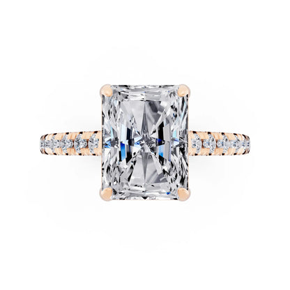 18 KT Rose Gold Radiant Cut Diamond Claw Prong Solitaire Ring with French Pave Band - top angle