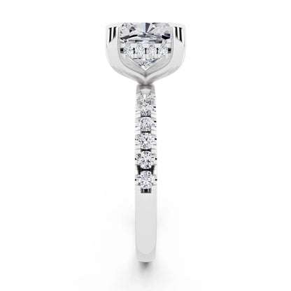 Platinum Cushion Cut Diamond Solitaire Ring with Round Pavé Band and Prong Setting - side view