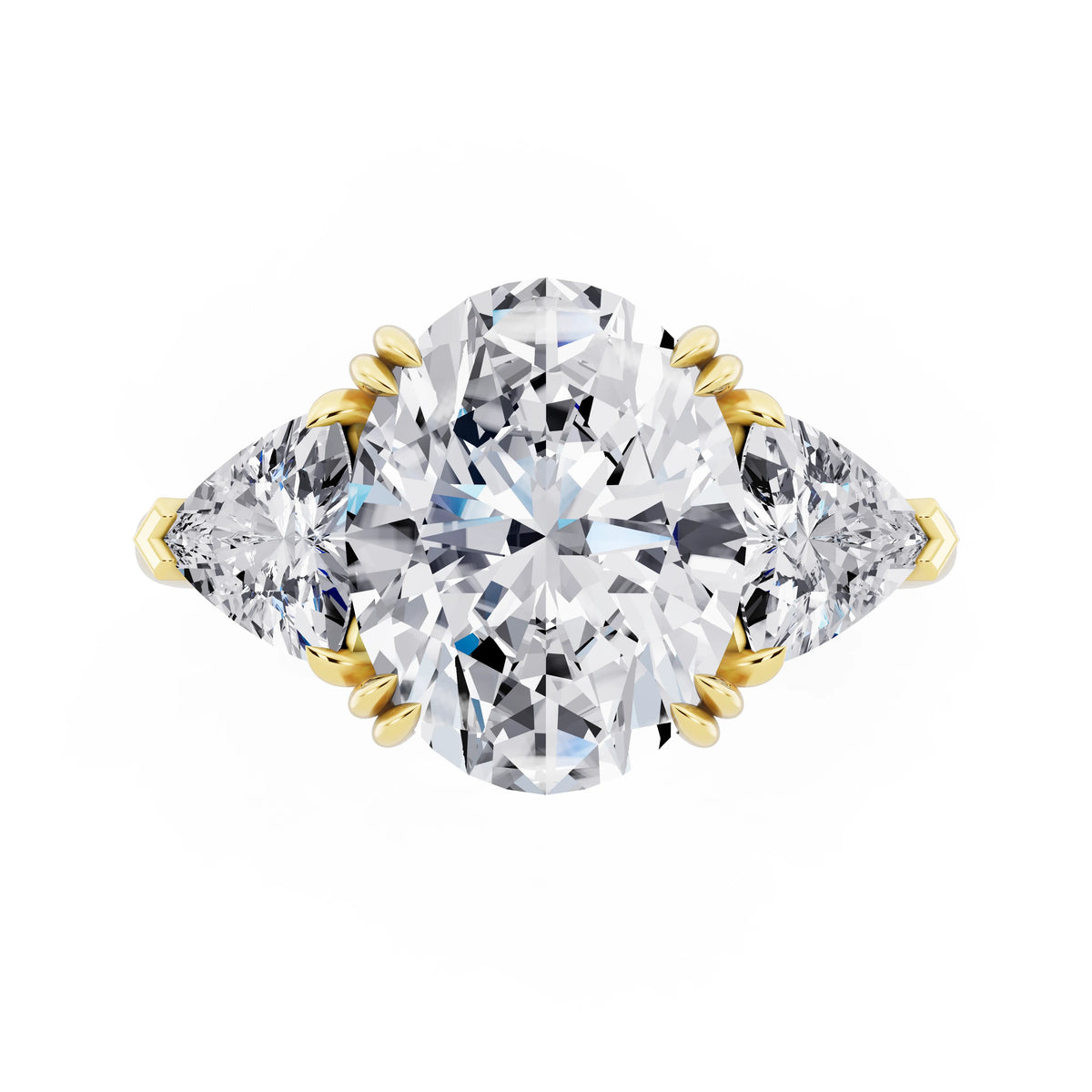 14 KT Yellow Gold Oval Cut Diamond Three Stone Ring with Trillion Accents - top angle