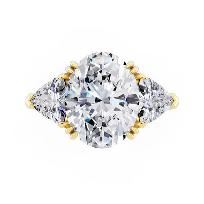 14 KT Yellow Gold Oval Cut Diamond Three Stone Ring with Trillion Accents - top angle