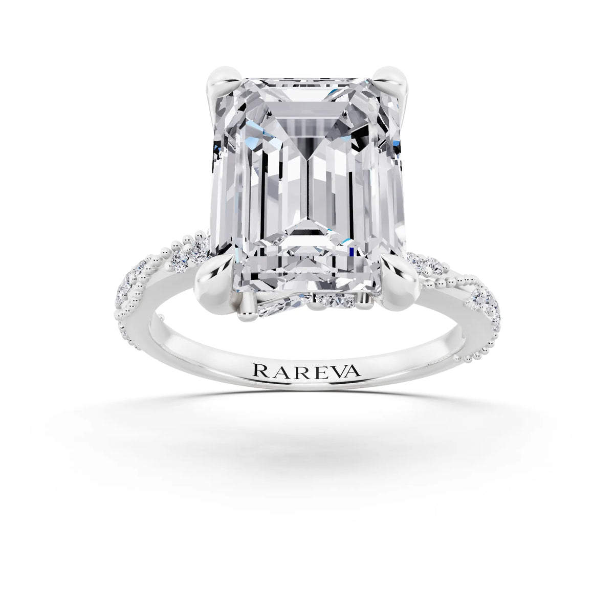 18 KT White Gold Emerald Cut Diamond Ring with Marquise Accent - front view
