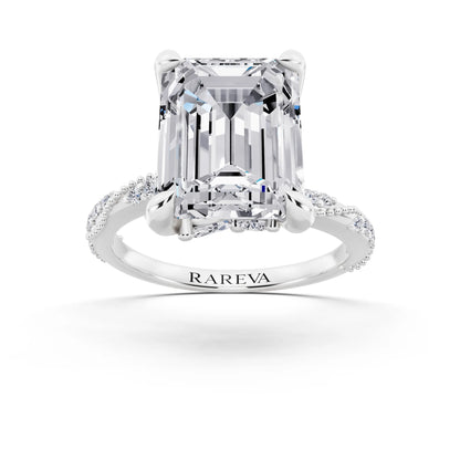 18 KT White Gold Emerald Cut Diamond Ring with Marquise Accent - front view
