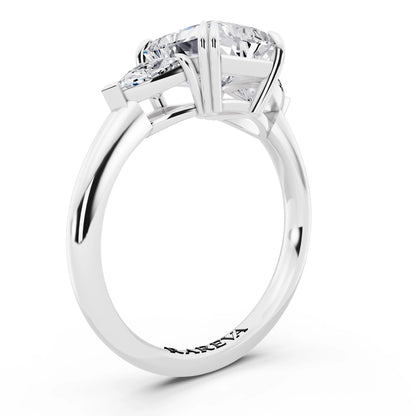 18 KT White Gold Radiant Cut Diamond Three Stone Ring with Trillion Accents - top view