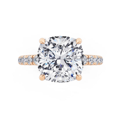14 KT Rose Gold Cushion Cut Diamond Solitaire Ring with Hidden Halo and French Pave Band - top angle