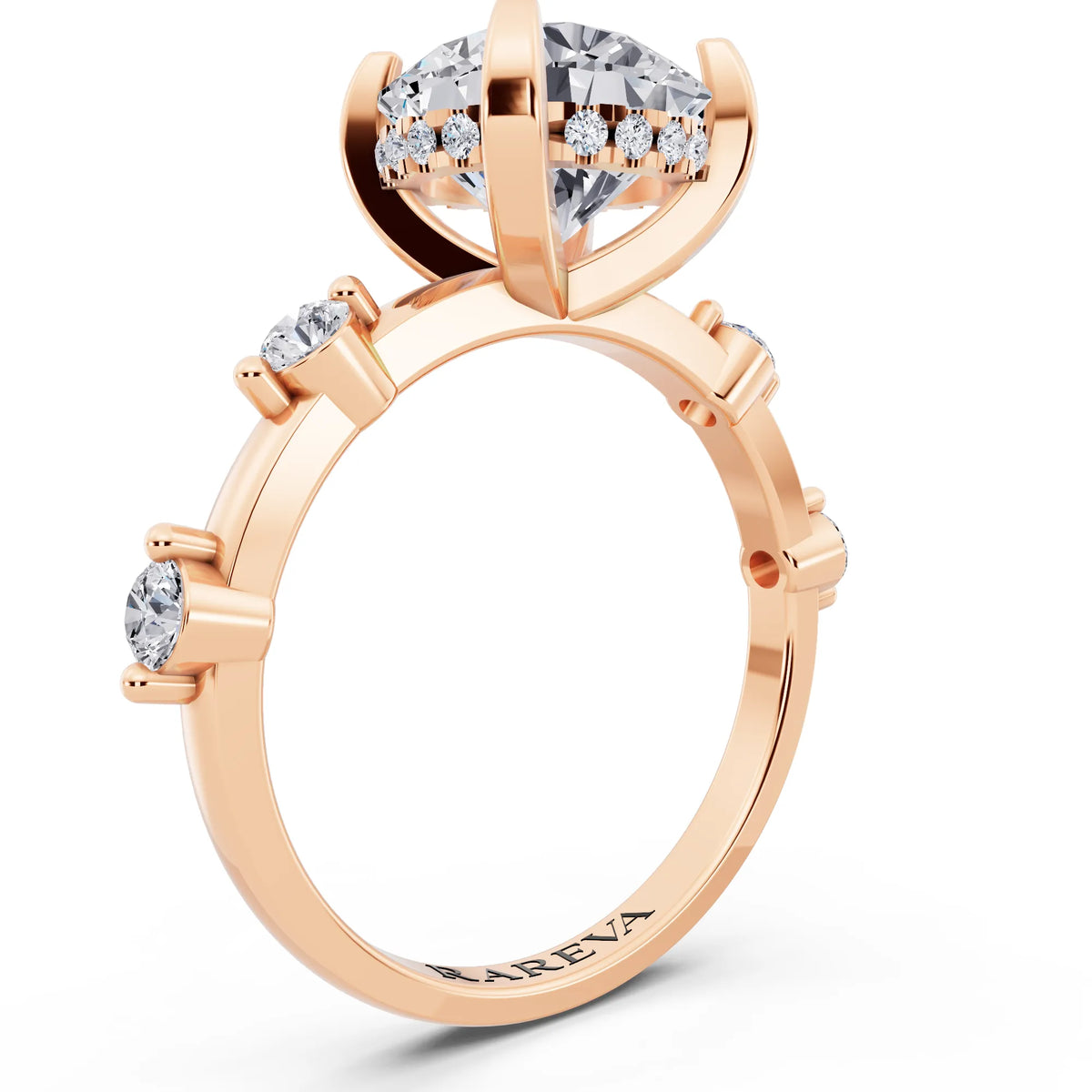 14 KT Rose Gold Round Cut Diamond Solitaire Ring with Floating Diamond Accents - top view