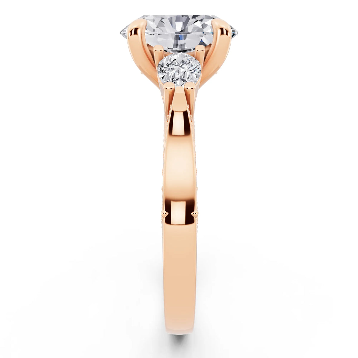18 KT Rose Gold Oval Cut Diamond Three Stone Pear Accent Vintage Pave Ring - side view