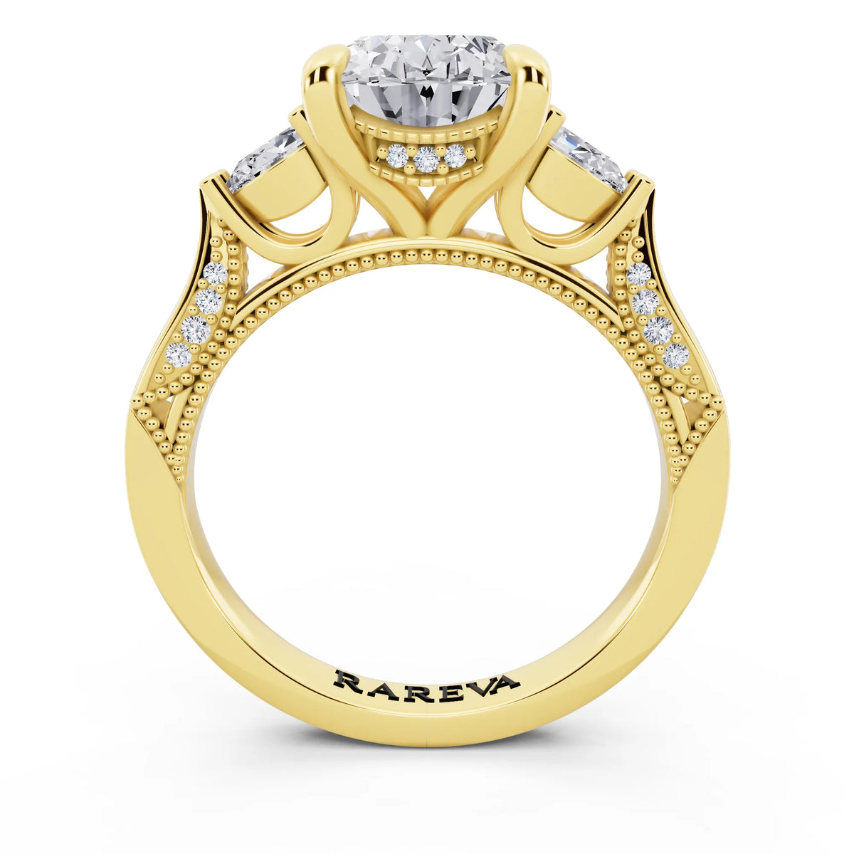 14 KT Yellow Gold Oval Cut Diamond Three Stone Pear Accent Vintage Pave Ring - through finger