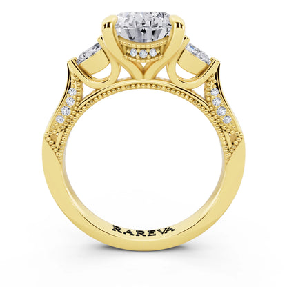 14 KT Yellow Gold Oval Cut Diamond Three Stone Pear Accent Vintage Pave Ring - through finger