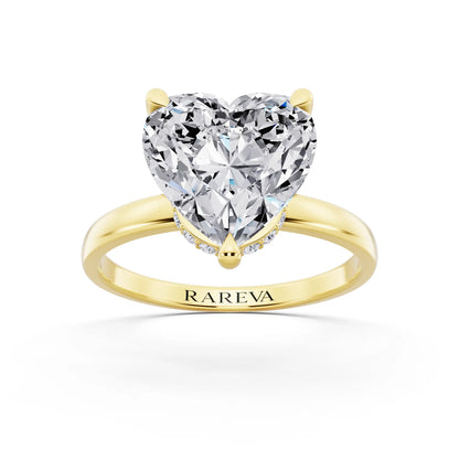14 KT Yellow Gold Heart Cut Diamond Solitaire Ring with Pave Collar - front view