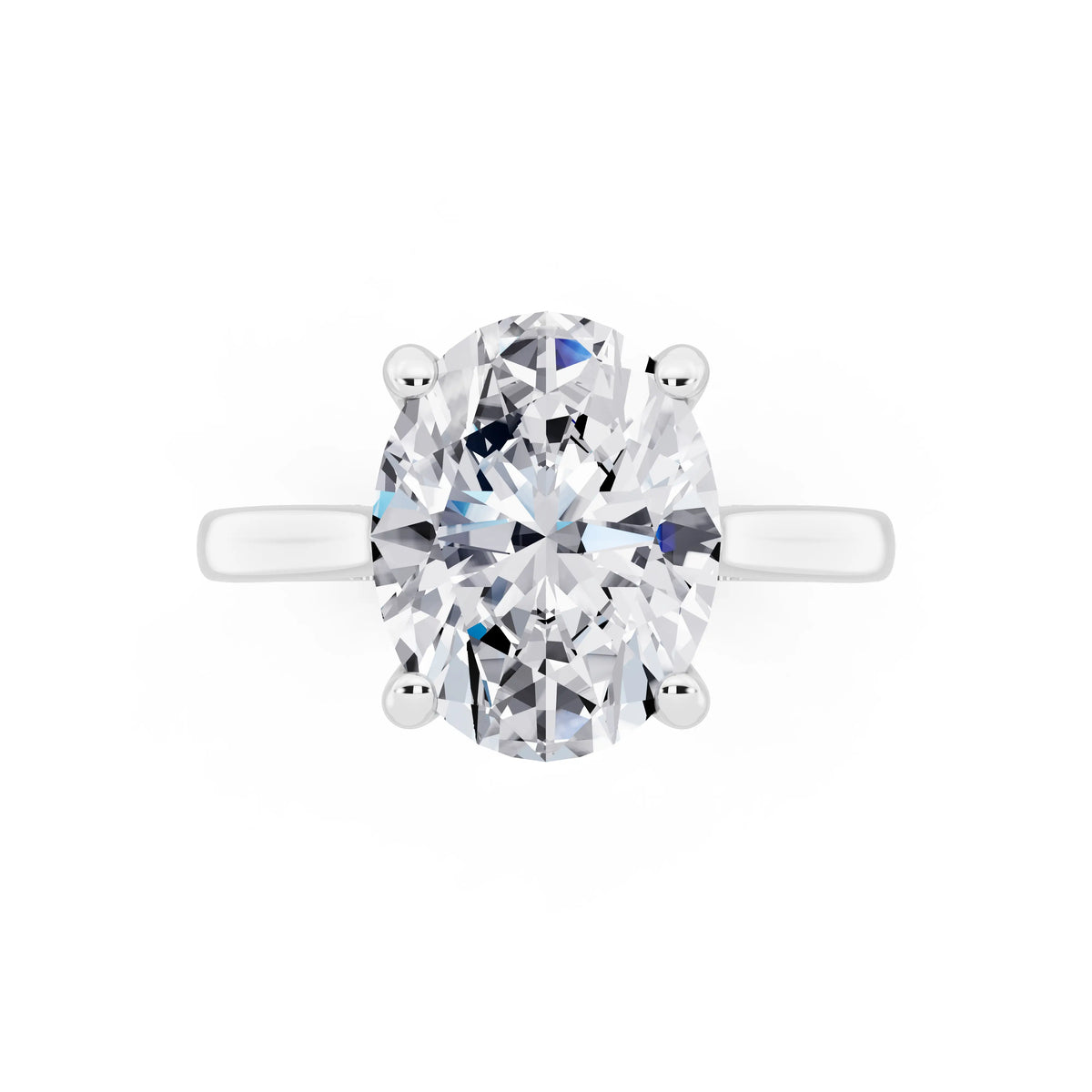 18 KT White Gold Oval Cut Diamond Solitaire Ring with Cathedral Band - top angle