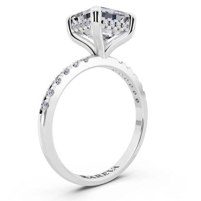 18 KT White Gold Asscher Cut Diamond Solitaire Ring with Round Pavé Band and Prong Setting - top view