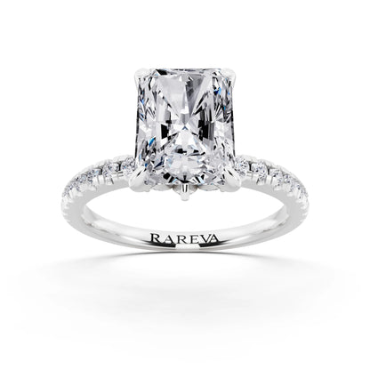 14 KT White Gold Radiant Cut Diamond Solitaire Ring with Marquise Collar - front view