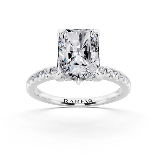 14 KT White Gold Radiant Cut Diamond Solitaire Ring with Marquise Collar - front view