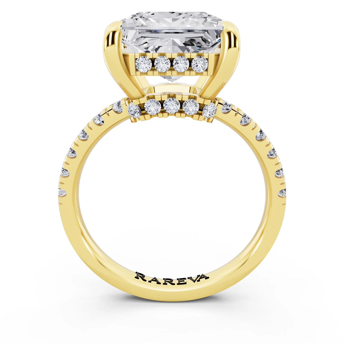 18 KT Yellow Gold Princess Cut Diamond Hidden Halo Tiger Prong Pave Band Ring - through finger