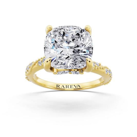 18 KT Yellow Gold Cushion Cut Diamond Ring with Marquise Accent - front view