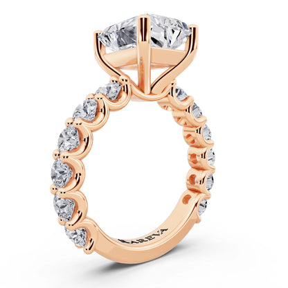 18 KT Rose Gold Radiant Cut Diamond Ring with Shared Prong Eternity Band - top view