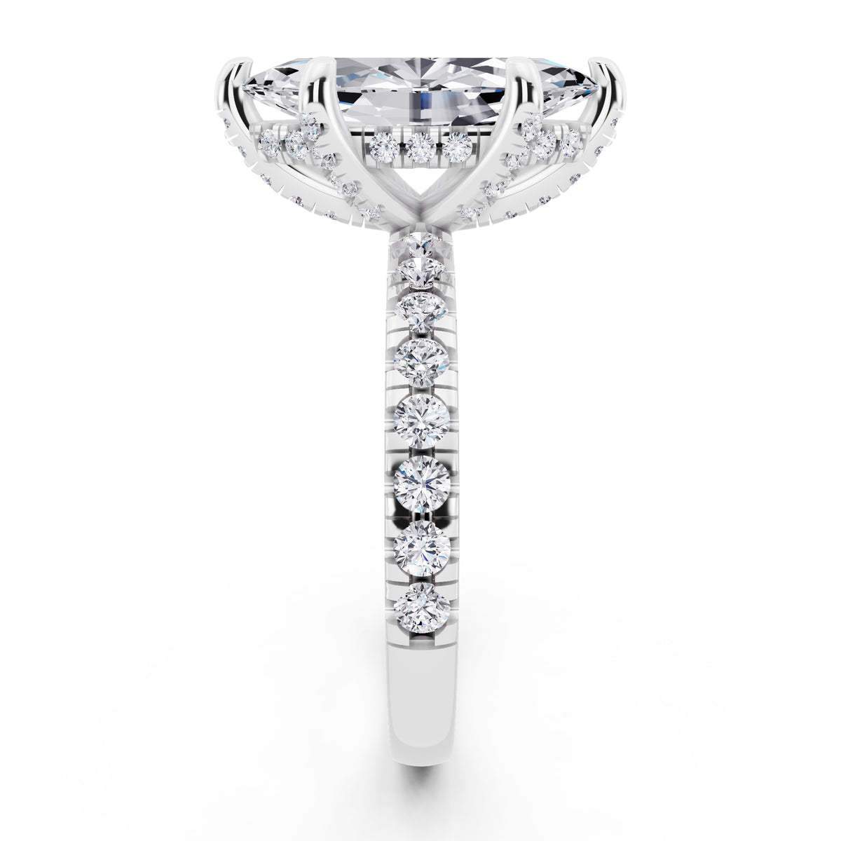 18 KT White Gold Marquise Cut Diamond Hidden Halo Ring with Pave Shank - side view