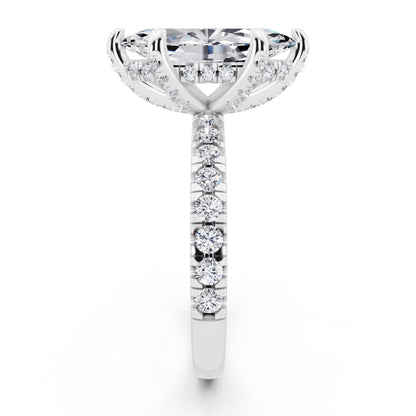 18 KT White Gold Marquise Cut Diamond Hidden Halo Ring with Pave Shank - side view