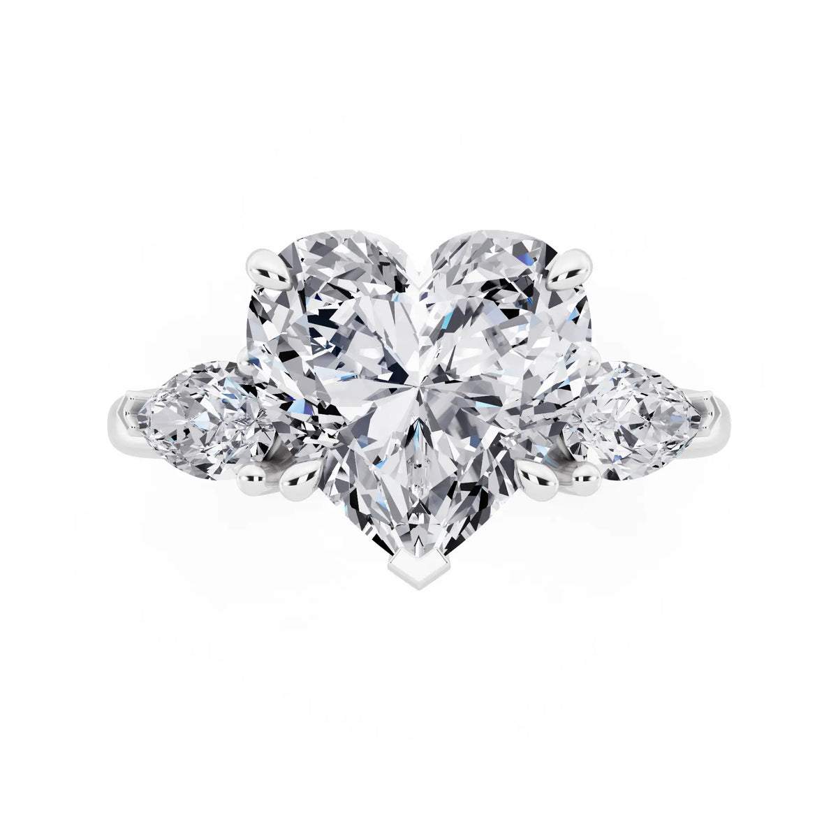 Platinum Heart Cut Diamond Three Stone Pear Accent Ring - top angle