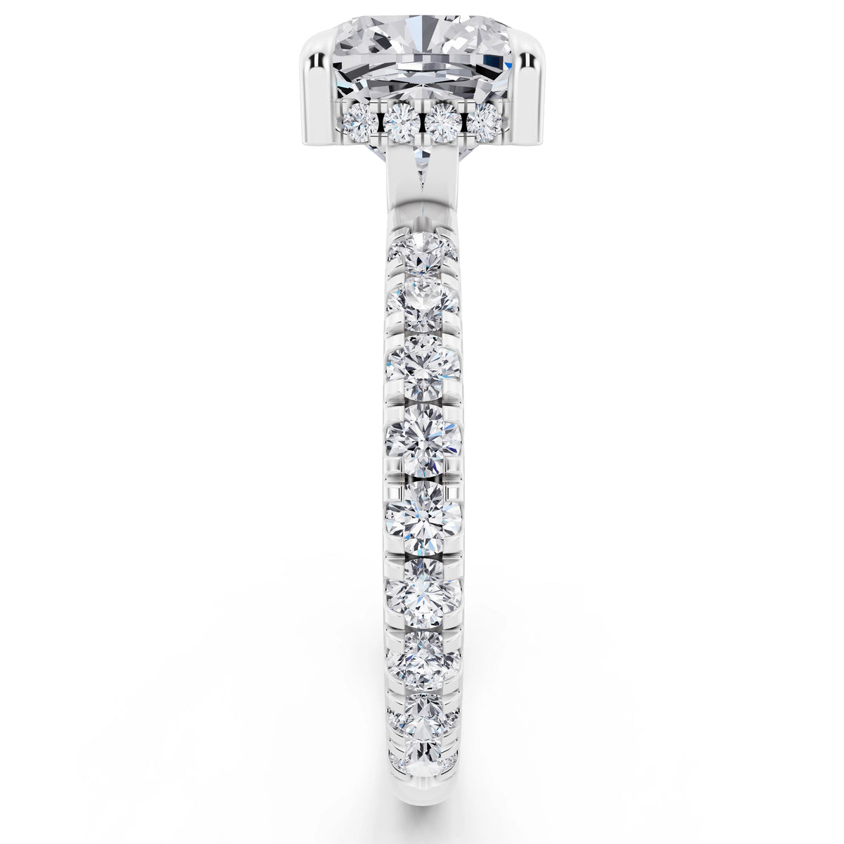 Platinum Cushion Cut Diamond Solitaire Ring with Hidden Halo and French Pave Band - side view