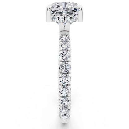 Platinum Cushion Cut Diamond Solitaire Ring with Hidden Halo and French Pave Band - side view