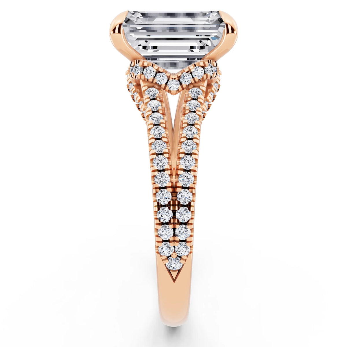 14 KT Rose Gold Emerald Cut Diamond Ring with Pavé Split Shank - side view