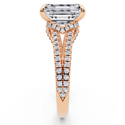 14 KT Rose Gold Emerald Cut Diamond Ring with Pavé Split Shank - side view