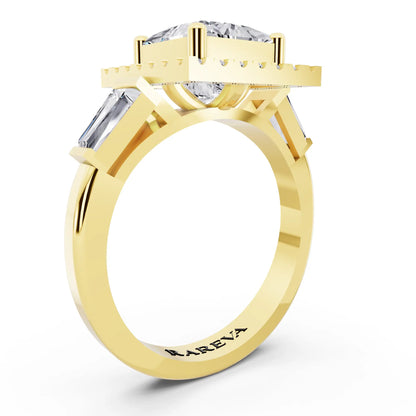 14 KT Yellow Gold Princess Cut Diamond Halo Ring with Baguette Accents - top view
