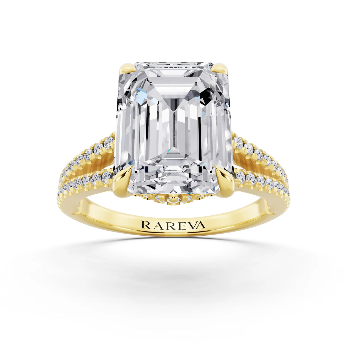 14 KT Yellow Gold Emerald Cut Diamond Ring with Pavé Split Shank - front view