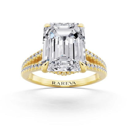 14 KT Yellow Gold Emerald Cut Diamond Ring with Pavé Split Shank - front view