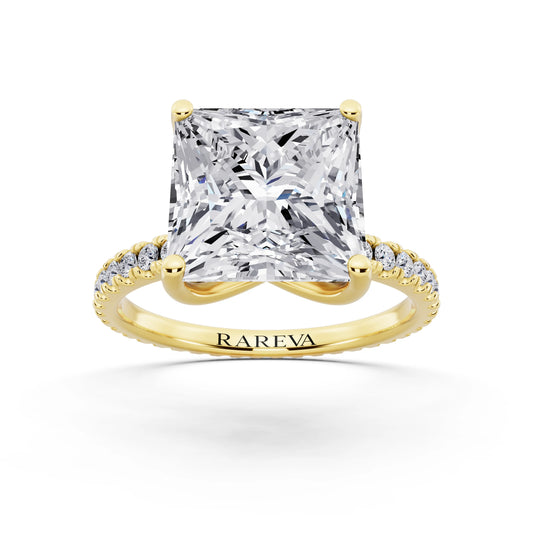 14 KT Yellow Gold Princess Cut Diamond Solitaire Ring with Pave Eternity Band - front view