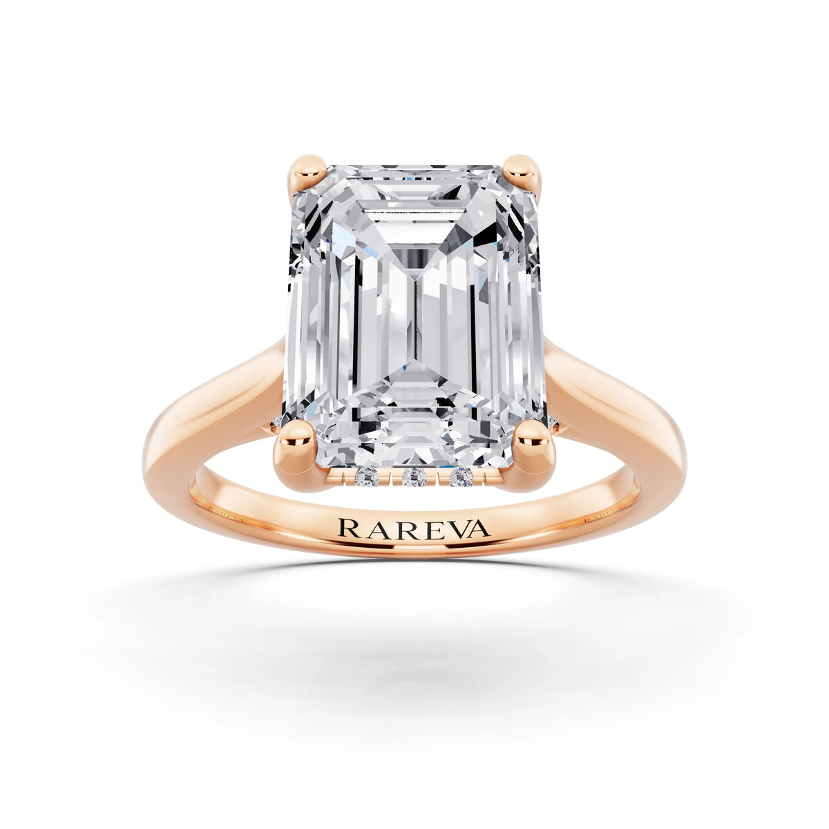 18 KT Rose Gold Emerald Cut Diamond Solitaire Ring with Cathedral Band - front view