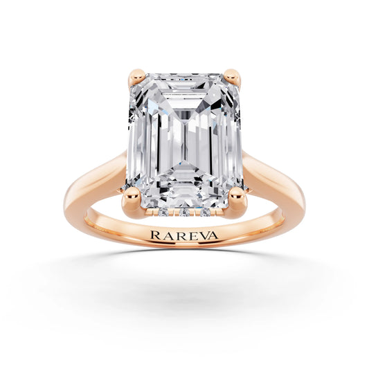 18 KT Rose Gold Emerald Cut Diamond Solitaire Ring with Cathedral Band - front view