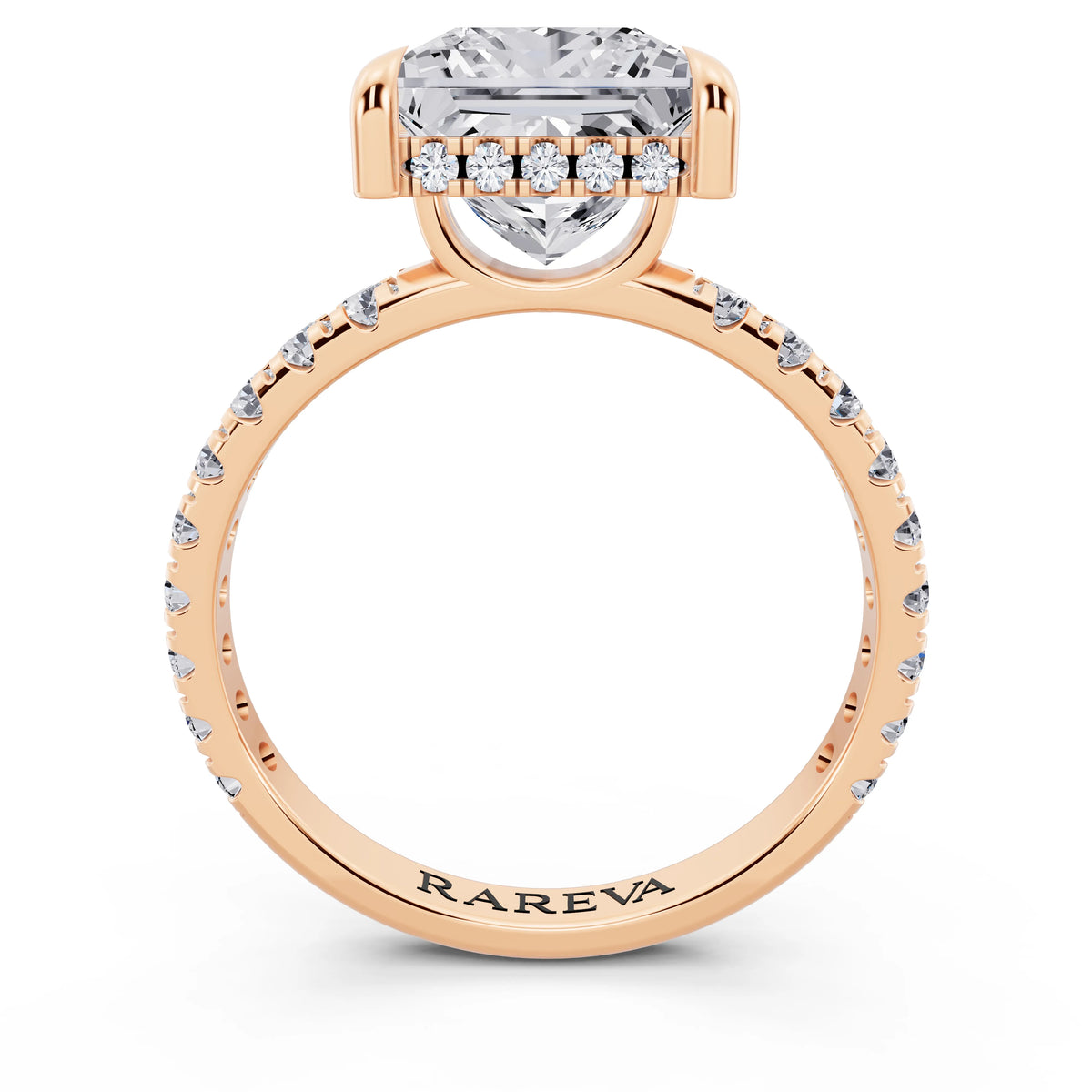 18 KT Rose Gold Princess Cut Diamond Solitaire Ring with Hidden Halo and French Pave Band - through finger