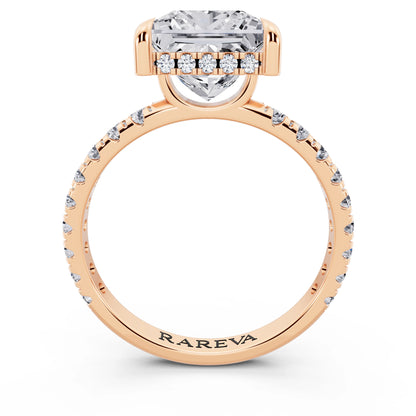 18 KT Rose Gold Princess Cut Diamond Solitaire Ring with Hidden Halo and French Pave Band - through finger
