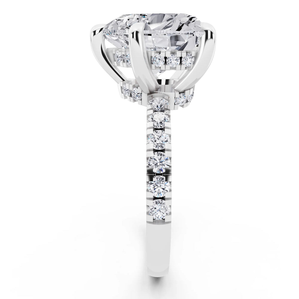 14 KT White Gold Heart Cut Diamond Hidden Halo Tiger Prong Pave Band Ring - side view