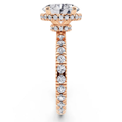 18 KT Rose Gold Oval Cut Diamond Hidden Halo Ring with Pave Band - side view