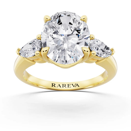 14 KT Yellow Gold Oval Cut Diamond Three Stone Pear Accent Ring - front view