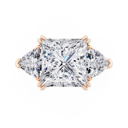 14 KT Rose Gold Princess Cut Diamond Three Stone Ring with Trillion Accents - top angle