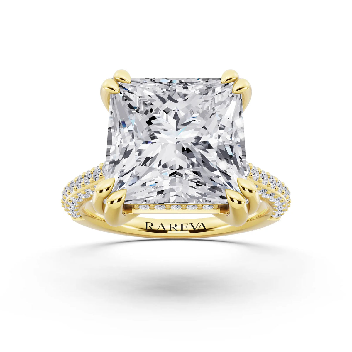18 KT Yellow Gold Princess Cut Diamond Hidden Halo Double Claw Pave Band Ring - front view