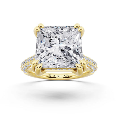 18 KT Yellow Gold Princess Cut Diamond Hidden Halo Double Claw Pave Band Ring - front view
