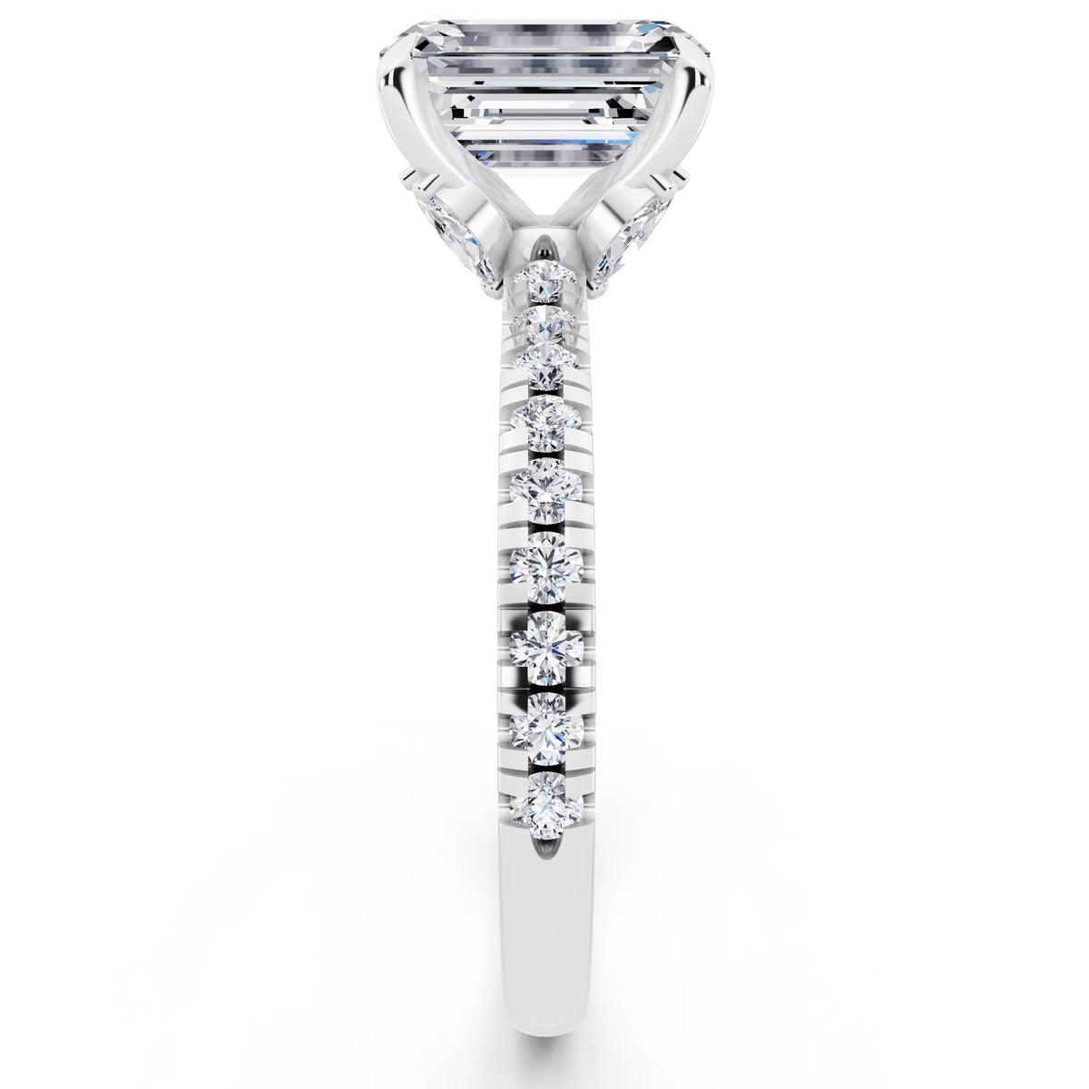 Platinum Emerald Cut Diamond Solitaire Ring with Marquise Collar - side view